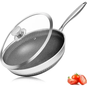 Köksredskap sätter Vinchef rostfritt stål wok pan med glas lock 12 tums nonstick stek stek induktion Kompatibel och skålbricka säker