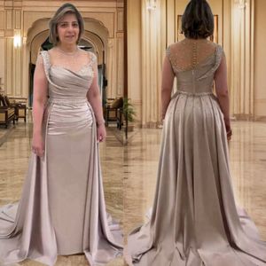 Champagne Long Mother Of The Bride Short Sleeves Illusion Sheer Neck Mother's Dresses Beaded Sequins Gowns For Arabic Black Women Wedding Guest Outfit Amm055