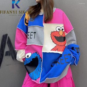 Women's Hoodies Cartoon Print Women Patchwork Sweatshirt Streetwear Loose O-Neck Pullovers Female Autumn Winter Thick Warm Sweatshirts