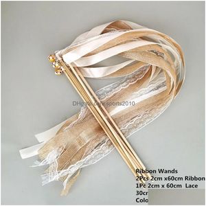 Banner Flags 50Pcs White Ribbon Wands Fairy Sticks Wedding Twirling Lace Streamers With Golden Sier Bell Party Send Off Cheering Pro Dhwwt
