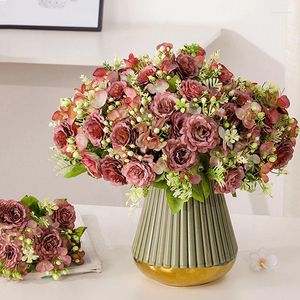 Decorative Flowers Rose Bouquet Artificial Flower Vintage Peony Hydrangea Bunch Fake DIY For Home Foom Wedding Party Decoration Accessories