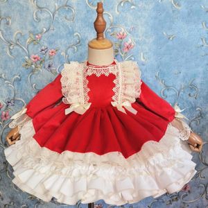 Vestidos de menina bebê vinatge espanhol inglaterra vestido crianças veludo vermelho renda costura festa de aniversário vestido de baile princesa