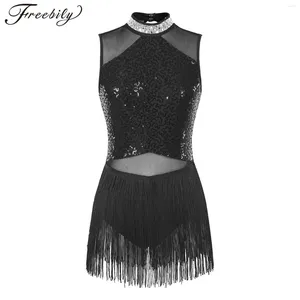 Scenkläder latin dansklänning kvinnor sexig tofs franse rhinestone collar tango cha rumba samba klänningar rave outfits dancewear