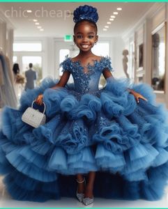 2024 Blue Lace Sheer Neck Flower Dresses Ball Gown Tulle Tiers Luxurious Little Girl Christmas Peageant Birthday Christening Tutu Dress Gowns Zj428 407