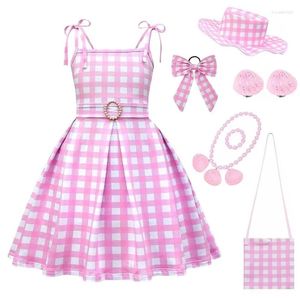 Платья для девочек, модный клетчатый милый карнавальный костюм для маленьких Барби, летний тонкий детский наряд на бретелях для детей 3-10 лет