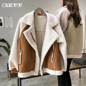 Damen Jacken MOVOKAKA Winter Schafwolle Mantel Frauen Dicke Warme Lange Ärmel Reißverschluss Taschen Jacke Mode Leder Motorrad Mäntel