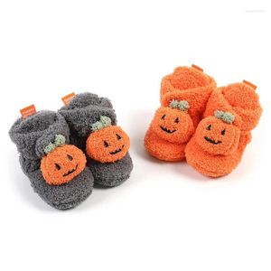 Boots 2024-08-09 Lioraitiin 0-18M Born Baby Booties Halloween Pumpkin Fleece Slippers Soft Crib Shoes Prewalkers