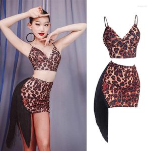 Stage Wear 2024 Latin Dance Dress for Women Leopard Top Tassel kjoldräkt National Standard Training Clothes Chacha DN15648