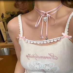 Pingente colares y2k rosa corda amarrada pêssego coração colar para mulheres moda retro doce harajuku charme 90s jóias estéticas presente