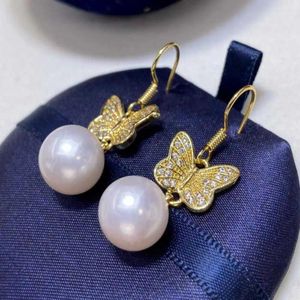 Dangle Earrings 10-11MM White Freshwater Pearl Pendant 18K Butterfly Beautiful Accessories Diy Mother's Day Cultured Party