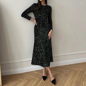 Casual Dresses Sexy O-neck Glitter Sequins Shiny Long Dress Women 2024 Spring Solid Slim Bodycon Party Autumn Sleeve Boho Maxi