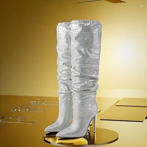 Stiefel Damen Spitze Diamant Sexy Schlanke High Heels Knie Street Style Punk Plissee Strass Dekorativ