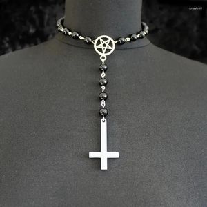 Колье в готическом стиле с подвеской в виде перевернутого креста, ожерелье с языческой пентаграммой, очаровательное оккультное ювелирное изделие, подарок, черная цепочка из бисера, тенденция