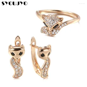 Necklace Earrings Set SYOUJYO 585 Rose Gold Color Cute Fox For Women Vintage Black Natural Zircon Fine Animal Rings Party Gift