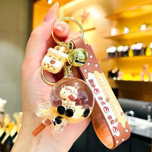 Keychains Cartoon Milk Tea Floating Liquid Bear Kawaii Keychain For Car Keys Cute Mug Bottle Keyring Women Handbags Key Chain Accessories