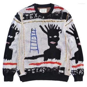 سترات الرجال عالية الجودة o-neck graffiti jacquard wacko maria knit سترة الرجال نساء ملابس ثقيلة الأقمشة