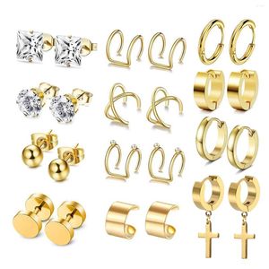 Brincos de garanhão 1-12 pares de aço inoxidável Huggie Dangle Brinco Ear Cuff Cross Hoop Set para mulheres homens cor dourada