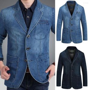 Herrdräkter snygga män jeans blazer temperament kostym jacka långa ärmar smala fit fickor kappa singelbröst