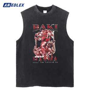 Harajuku streetwear lavado anime impressão tank tops moda rasgado casual colete masculino verão sem mangas algodão vintage colete t unisex 240202