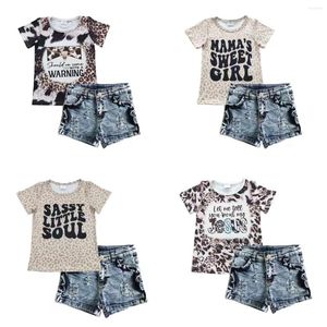 Clothing Sets Wholesale Toddler Baby Girl Leopard Outfit Summer Short Sleeves Shirt Tee Denim Shorts Children Kid Boutique Western Set