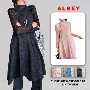 Женские брюки из двух частей ALSEY Miyake, плиссированный модный топ с длинными рукавами, осень-зима, длинная юбка, однотонная прямая одежда, комплект из двух предметов