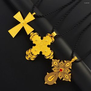 Anhänger Halsketten Anniyo Äthiopisches Goldfarbenes Kreuz Schwarzes Seil Eritrea Hochzeit Party Schmuck Afrikanische Kreuze #160516