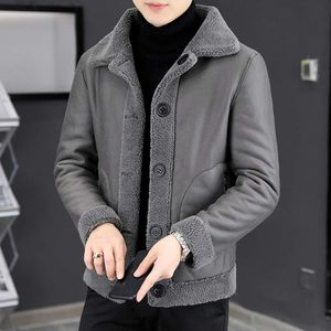 Designer Fur Integrated Granular Plush Mens Jacket with and Thickened Lapel Double Sided Buckle Style for Autumn Winter Leisure SBRC