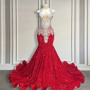 Brilhante vermelho glitter lantejoulas sereia vestido de baile para meninas negras luxo prata frisado mergulhando longo concurso lantejoulas noite vestidos formais robe de soiree