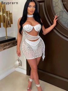 Casual Dresses Beyprern Chic Sheer Mesh Crystal Mini Dress Gorgeous Cut-Out Pearls Rhinestone Buckle Two-Piece Party Outfits Clubwear