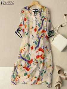 Casual Dresses Zanzea 2024 Summer Women Dress Vintage Half Sleeve Round Neck Printing Midi Elegant Button Knot Vestidos Long Robes