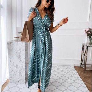 Casual Dresses 2024 designer Fashion Polka Dot Split Boho Dress V-Neck Women Beach Vacation Long Vestido De Mujer