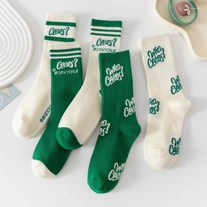 Women Socks Green Cotton Japanese Mid-Tube For Men Ins Trendy Autumn Winter Sports Letter Striped Harajuku