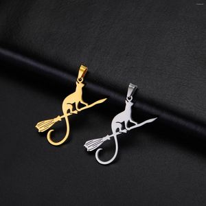 Pendant Necklaces EUEAVAN 5pcs Magic Broom Witch's Cat Stainless Steel For Necklace Women Animal Pendants Charms Jewelry Making Supplies