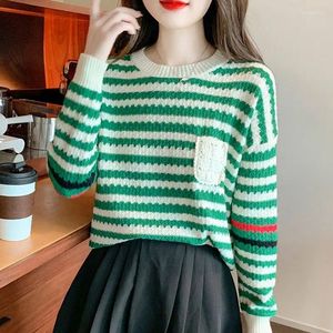 Women's Sweaters Fashion O-Neck Pockets Striped Casual Clothing 2024 Autumn Winter Knitted Korean Pullovers Loose Commute Tops