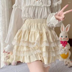 Skirts Japanese Soft Girl Lace Cake Mini Skirt Dance School Kawaii Party Shorts Winter Thicken Warm Plush Pleated Fluffy Fleece