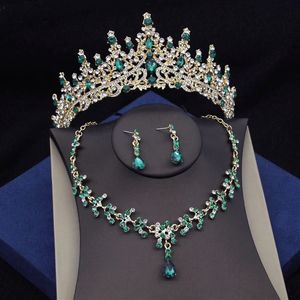 Luxo verde cristal conjuntos de jóias de noiva para mulheres tiaras brincos colar coroa vestido de casamento noiva conjunto acessórios 240202