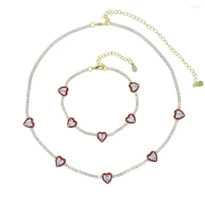 Choker Sets Red Pink White Heart Cz Tennis Necklaces For Women Pave Zircon Gold Plated Color Charm Necklace Fashion Jewelry