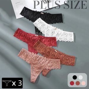 Damenhöschen 3 Stück S-4XL Sexy Spitze Frauen Tangas aushöhlen G-String Unterhose Dessous Niedrige Taille T-Rücken Atmungsaktiver Tanga