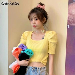 Women's T Shirts T-shirts Women Colorful Square Collar Puff Sleeve Simple Summer 9 Colors Tees Sweet 2024 Elasticity Trendy All-match Ladies