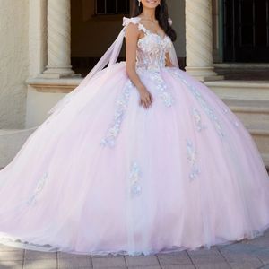 Luz rosa miçangas borla fora do ombro quinceanera vestido de baile 3d flores apliques renda tull espartilho vestido de 15 anos