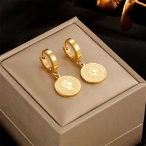 14k Yellow Gold Round Portrait Coin Earrings For Women Vintage Gold Color Hoop Earrings Girls Party Jewelry Gifts