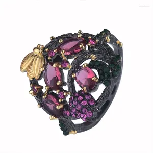 Anéis de cluster vintage gótico requintado abelha preto cor de ouro anel feminino oval rosa cristal vermelho para mulheres presente de casamento jóias acessórios