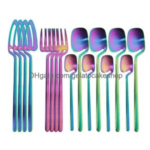 Zestawy naczyń stołowych 16PCS Zestaw Rainbow łyżka widelca Dekor stolika noża sztućce s Kitchen Matte Gold Strewa Desers Zupa Kawa Użyj 21092 DHLD9