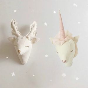 Unicorndeer fyllda leksaker 3d djurhuvuden väggdekor hängande barnkammare vägg monterad för barn baby rum dekoration julklappar 240201