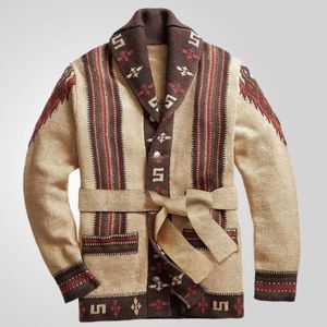 Suéter masculino vintage manga comprida jaqueta casaco para homens grosso padrão étnico de malha cardigan inverno quente outwear solto ajuste boho