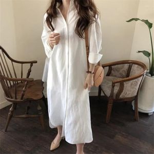 Casual Kleider 2024 Elegante Herbst Lange Maxi Frauen Button Down Hemd Kleid Split Vestido Robe Vintage Hülse Baumwolle Oversize