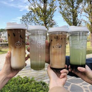 Garrafas de água Garrafa de plástico coreana para suco, leite, chá, café, tritan, escola, à prova de vazamento, copos criativos portáteis