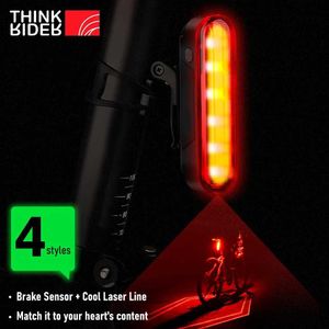 Andra belysningstillbehör ThinkRider Cycling Laser Tail Light Smart Bicycle Bakljus LED RIDER BAILT 5 MODE Dubbelfästet med Auto Brake Sensor YQ240205