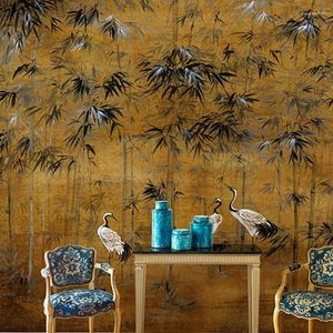 Wallpapers Custom 3d Wallpaper Mural Bamboo Leaf Crane Study Tea Room Bedroom Sofa Background Wall Papel De Parede Home Decor