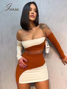 Work Dresses Joskaa Contrast Color Strapless Long Sleeve T-shirt And Mini Skirt Two Piece Sets Womens Outfits Autumn 2024 Sexy Streetwear